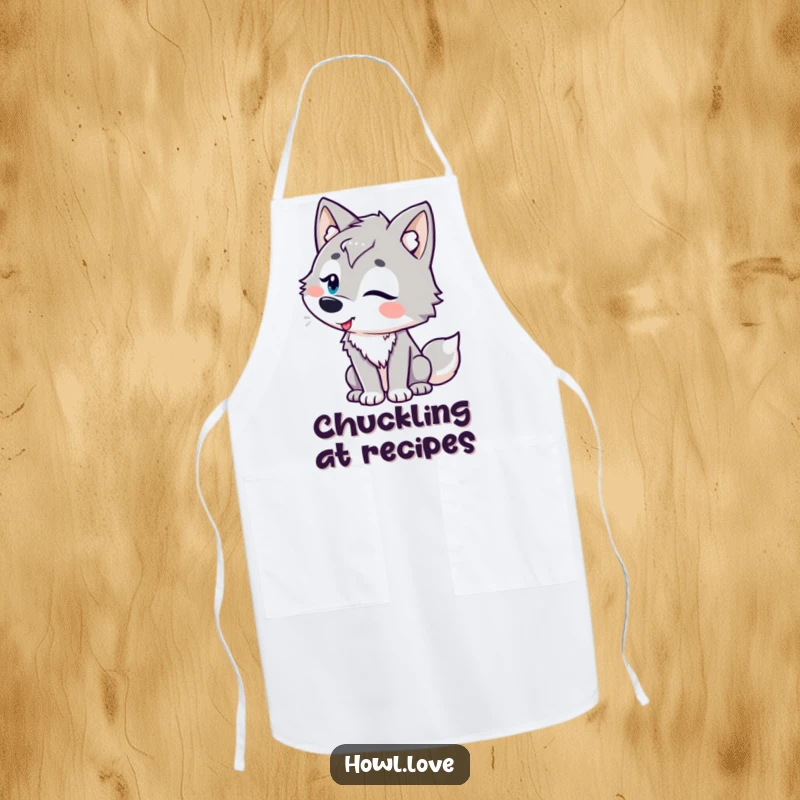 Funny apron featuring a wolf character with playful curves, tilting its head in amusement, perfect for adding humorous flair to cooking.