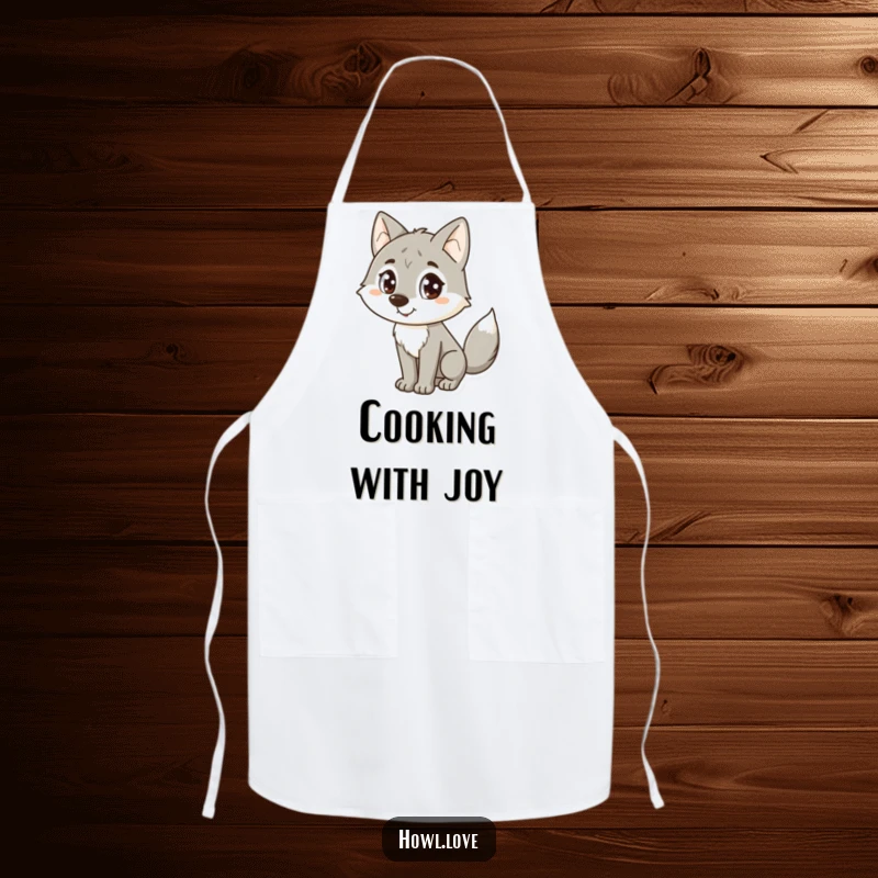 Funny Wolf Apron: A kitchen apron showcasing a happy wolf with large dot eyes and a cheerfully wagging tail.