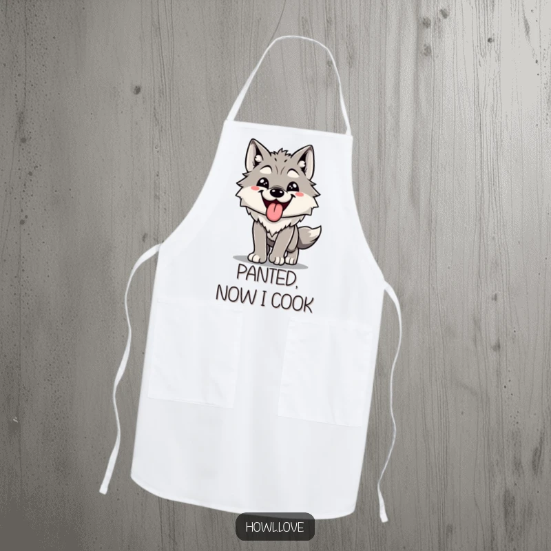 Funny apron illustrating a wolf with its tongue out, panting contentedly after a vigorous activity. Great for kitchen humor.