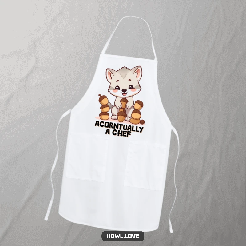 Funny apron showing a happy wolf cub cub attempting to balance an impressive pile of acorns while cooking, a humorous kitchen accessory.