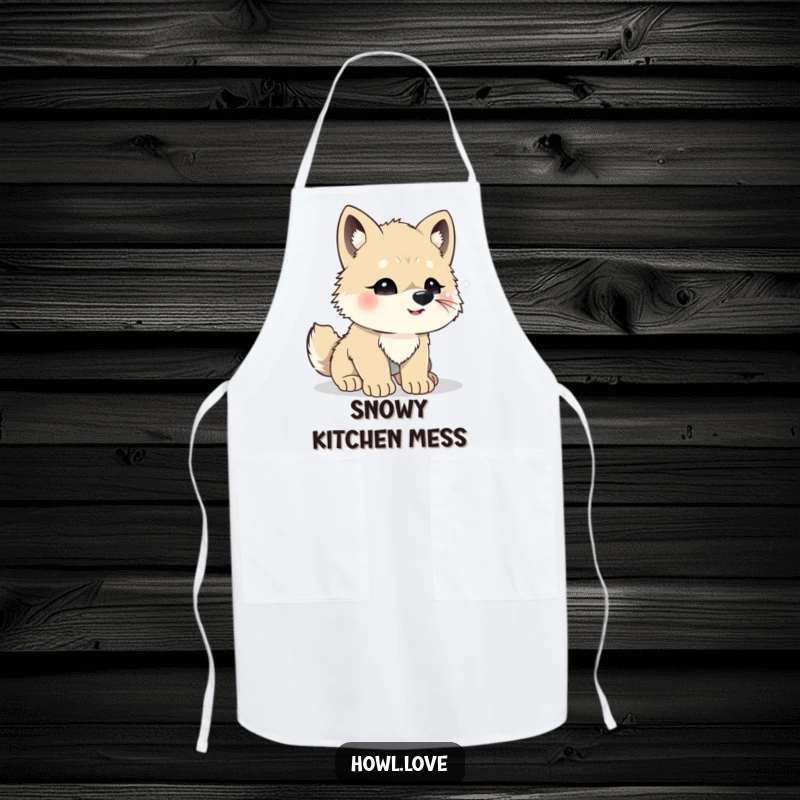 Funny apron illustration of a wolf cub excitedly trying to catch snowflakes on its nose. Perfect for a whimsical kitchen.