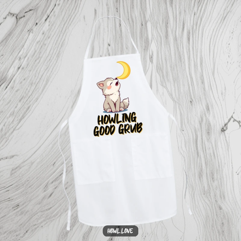 Funny Apron showcasing a wolf cub howling joyfully at a smiling crescent moon, perfect for humorous cooking.