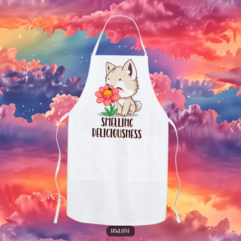 Funny Apron showcasing a curious wolf cub sniffing a bright, colorful flower, perfect for humorous kitchen tasks.