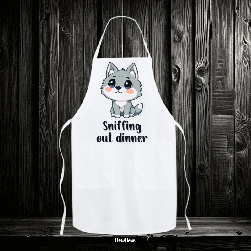 Funny apron featuring a stylized wolf with curious dot eyes gazing upwards, perfect for adding humorous flair to kitchen activities.