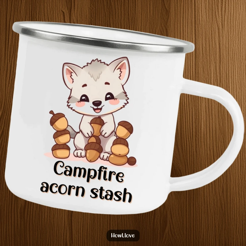 Funny camping mug showing a happy wolf cub cub balancing a stack of acorns, perfect for outdoor enthusiasts who love humor.
