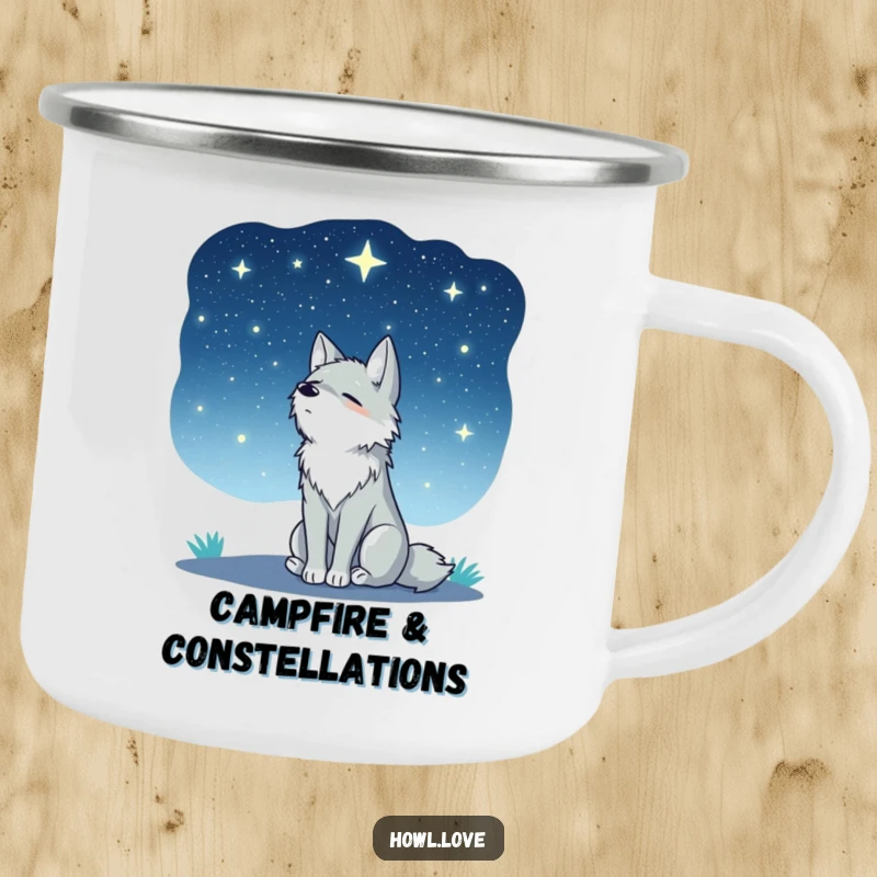 Funny camping mug featuring a wolf sitting peacefully, gazing at a beautiful starry night sky. Ideal for outdoor contemplation.
