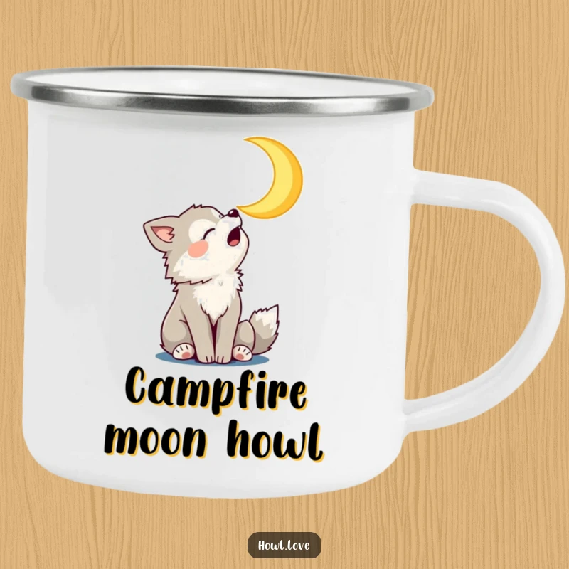 Funny Camping Mug featuring a wolf cub howling at a smiling moon, ideal for humorous outdoor adventures.