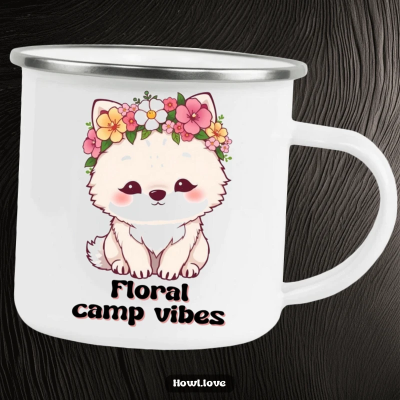 Funny camping mug featuring a fluffy wolf wearing a flower crown, looking content. Ideal for outdoor tranquility.