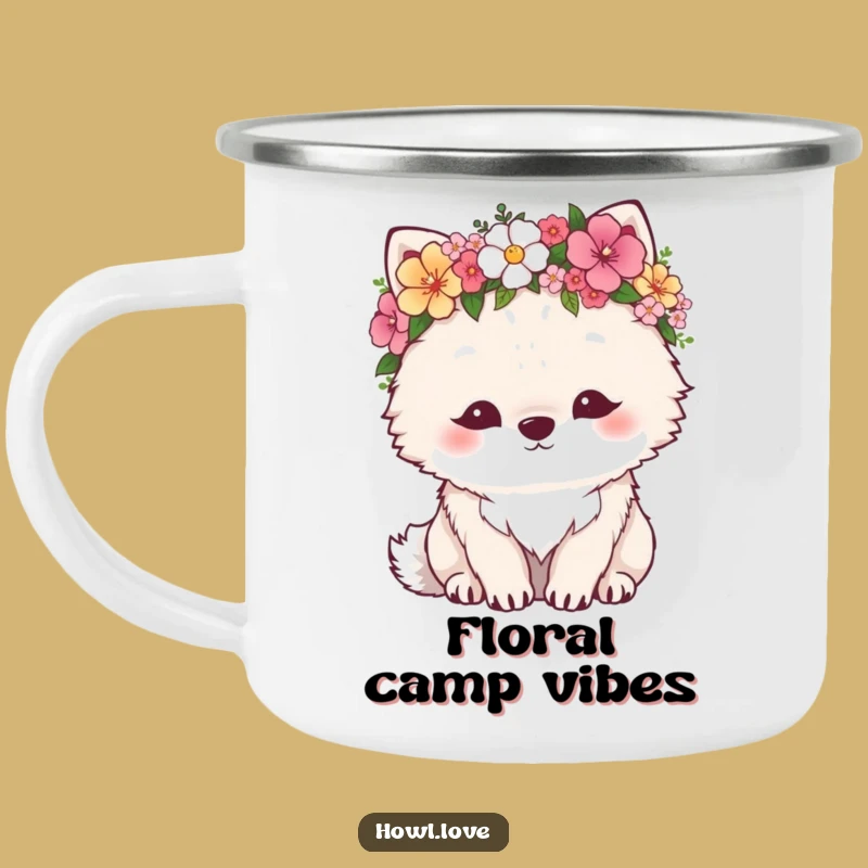 Funny Fluffy Wolf Flower Crown Camping Mug - Boho Outdoor Charm