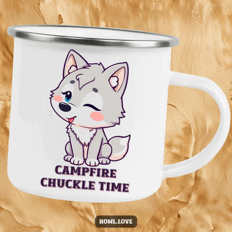 Funny camping mug featuring a wolf character with playful curves, tilting its head in amusement, perfect for humorous outdoor enjoyment.
