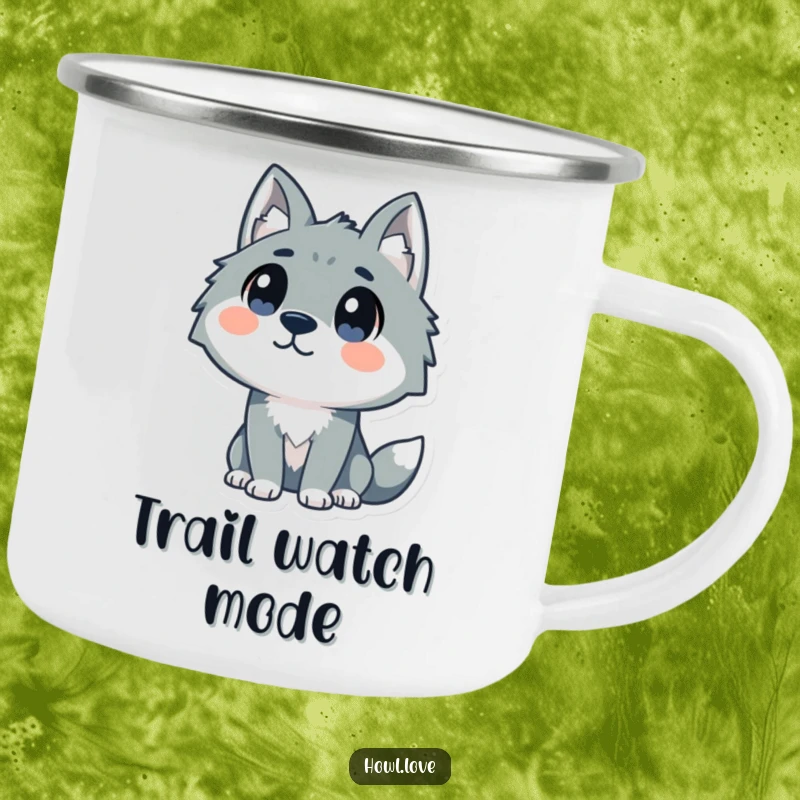 Funny camping mug featuring a stylized wolf with curious dot eyes looking upwards, perfect for humorous enjoyment during outdoor adventures.