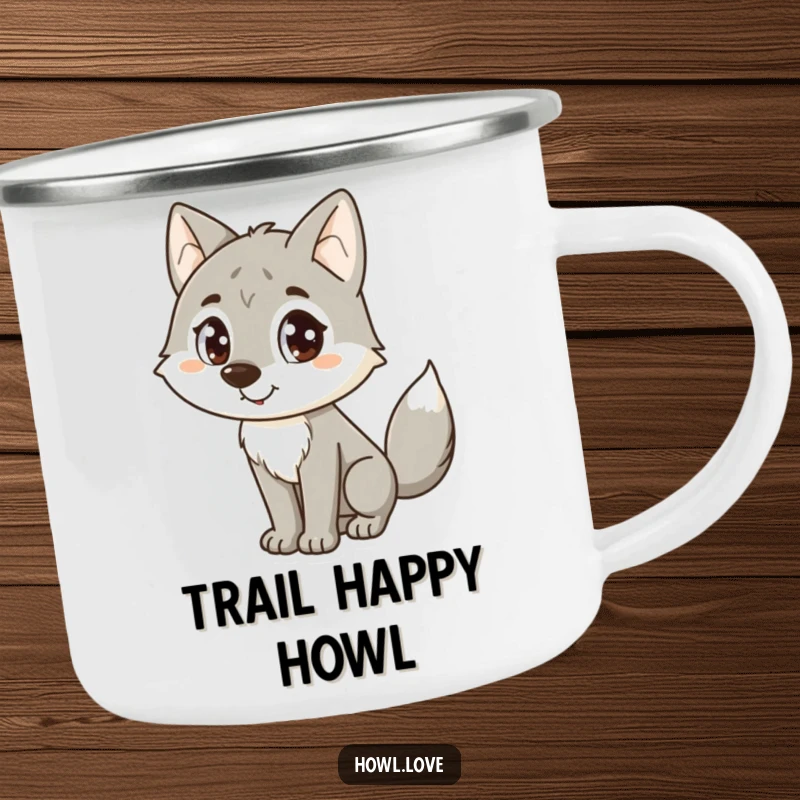 Funny Wolf Camping Mug: A durable mug featuring a happy wolf with big dot eyes and a wagging tail for outdoor fun.