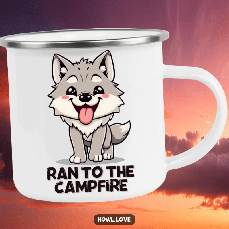 Funny camping mug featuring a wolf with its tongue out, panting contentedly after exertion. Ideal for outdoor humor.