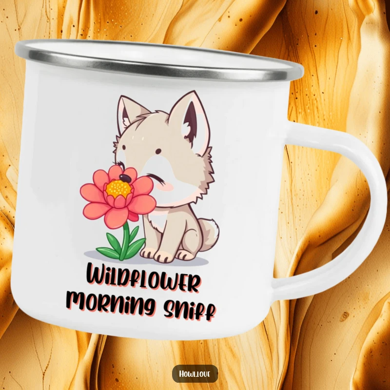 Funny Camping Mug featuring a curious wolf cub sniffing a colorful flower, ideal for humorous outdoor adventures.