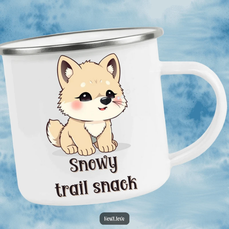 Funny camping mug featuring a wolf cub enthusiastically catching snowflakes on its nose. Perfect for winter camping trips.