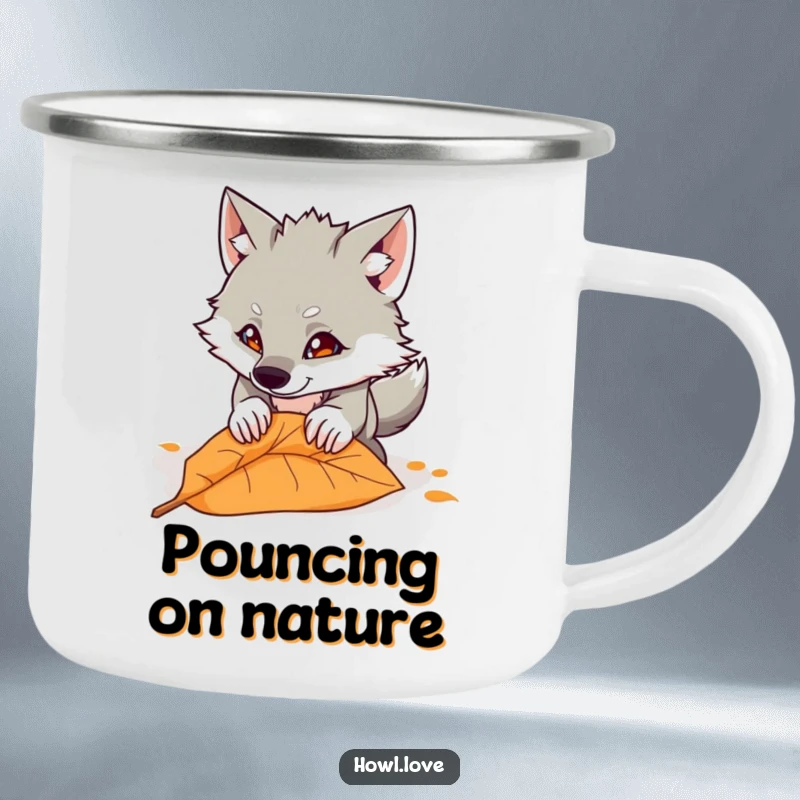 Funny camping mug showing a wolf energetically pouncing on a fallen leaf, designed for outdoor enthusiasts who love humor.