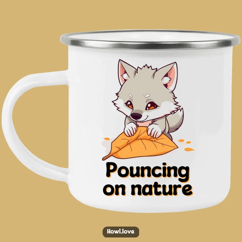 Funny Wolf Pouncing Leaf Camping Mug - Rugged & Hilarious Outdoor Gift