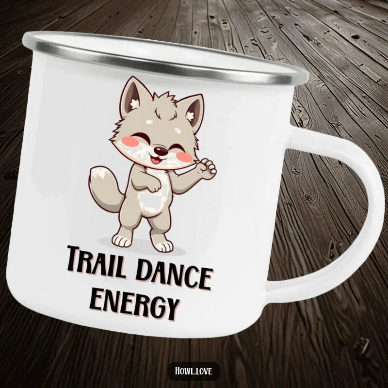 Funny camping mug featuring a joyful wolf cub cub dancing with its tail wagging, a humorous accessory for outdoor enthusiasts.