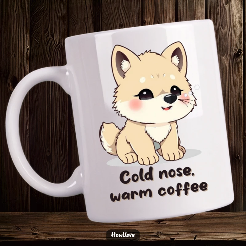 Funny wolf cub mug showing a small, fluffy wolf cub with its nose up, excitedly trying to catch falling snowflakes.