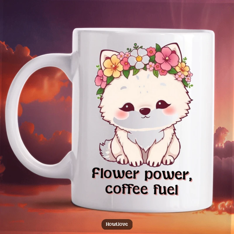 Funny wolf mug showing a fluffy gray wolf wearing a vibrant flower crown, looking exceptionally content and peaceful.