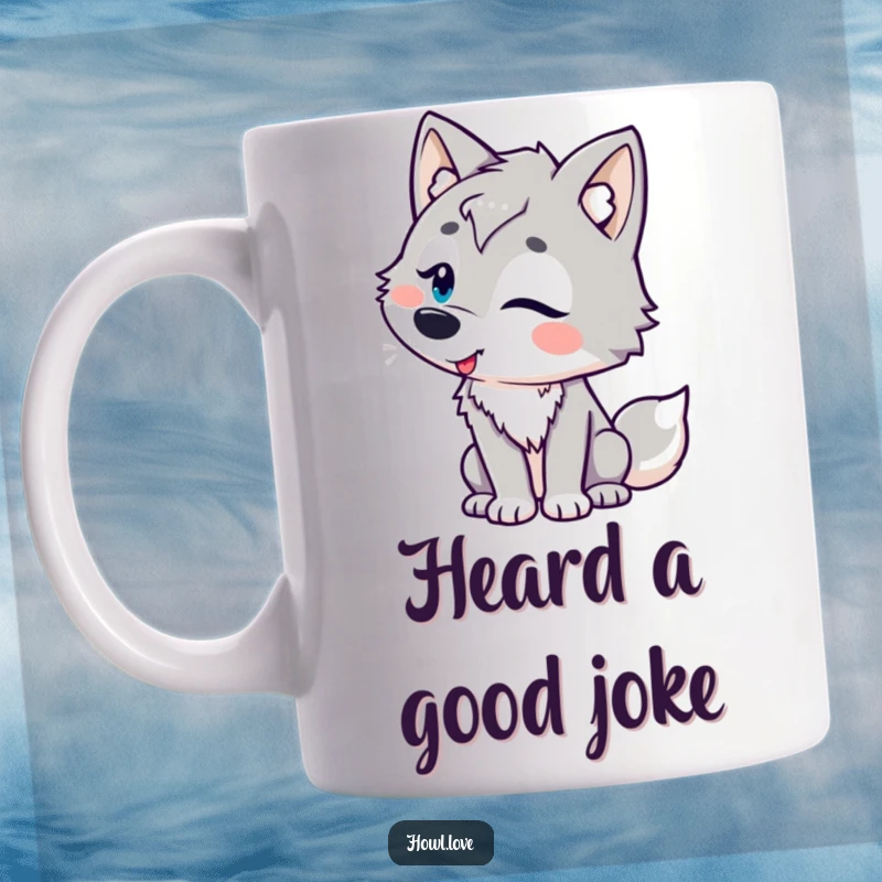 Funny mug featuring a wolf character with playful curves tilting its head, conveying amusement and a humorous, lighthearted personality.