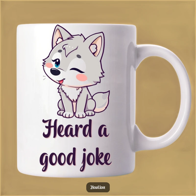 Funny Amused Wolf Mug with Playful Curves, a Hilarious Gift for Jokers.