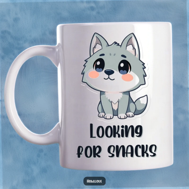 Funny mug featuring a stylized wolf with large, curious dot eyes gazing upwards, conveying a sense of wonder and humor.