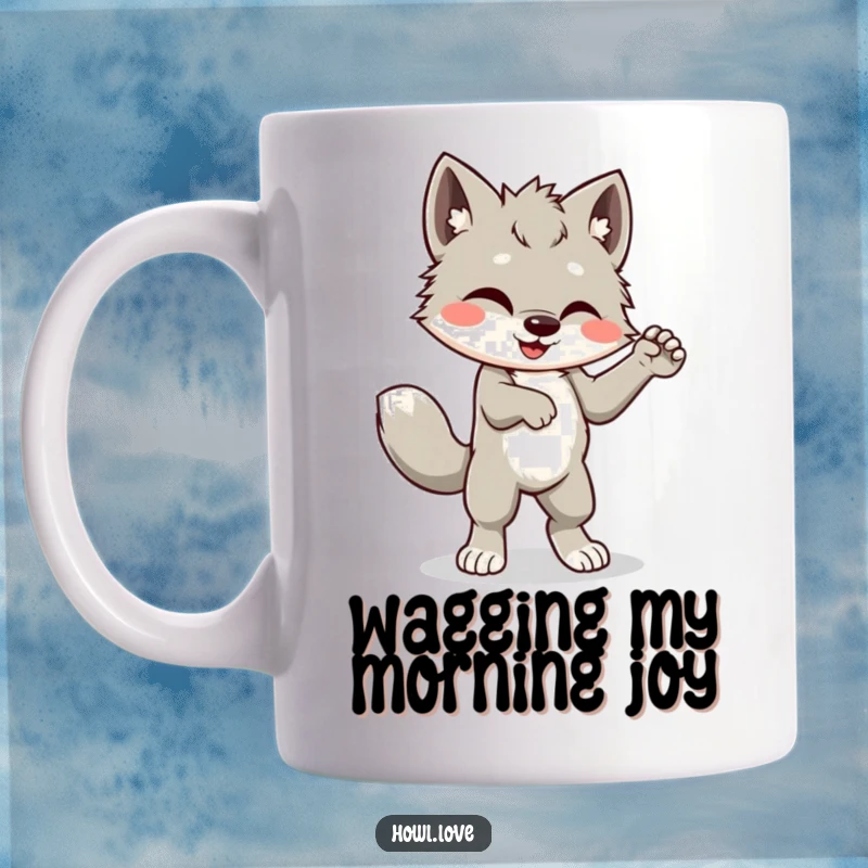 Funny mug showing a happy wolf cub cub doing a silly dance with its tail wagging energetically, a scene of pure joy.