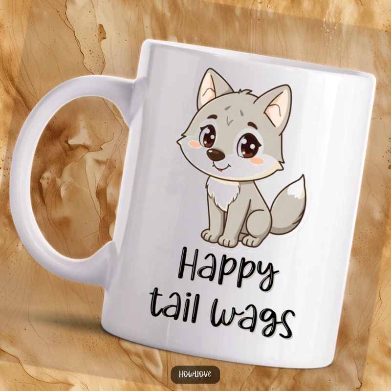 Funny Wolf Mug: A happy wolf with large dot eyes and a wagging tail, conveying pure delight and fun.