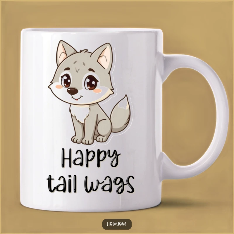 Funny Happy Wolf Mug: Big Dot Eyes, Wagging Tail Design, Perfect Gift