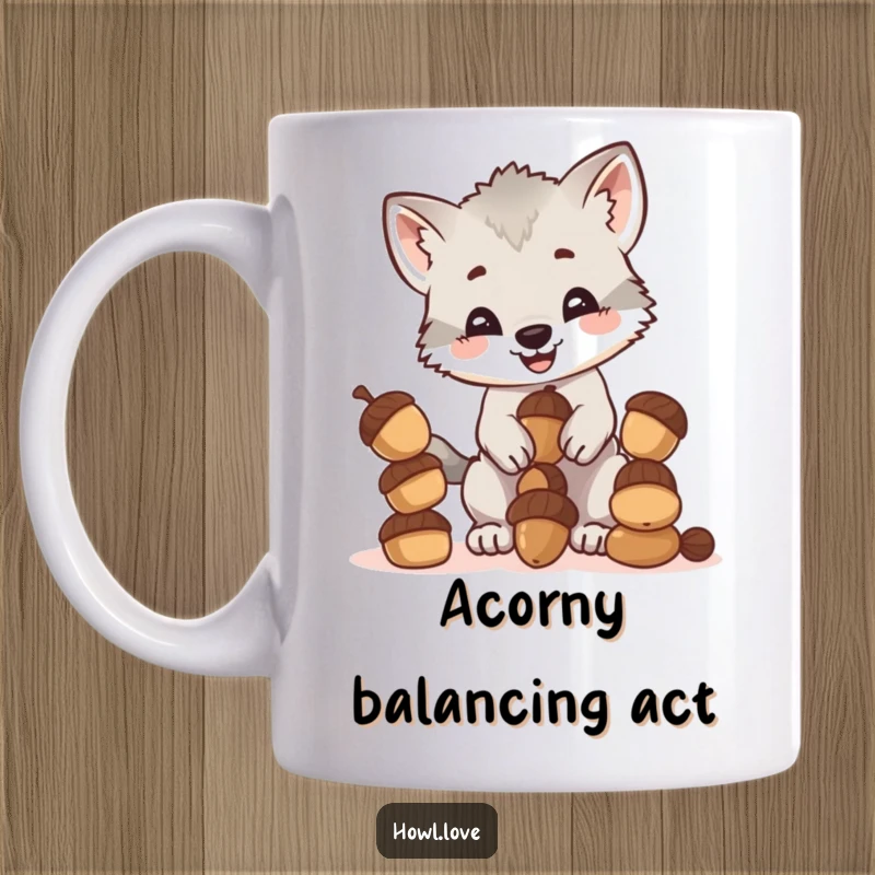 Funny mug showing a happy wolf cub cub trying to balance a tall stack of acorns, a comical and cute scene.