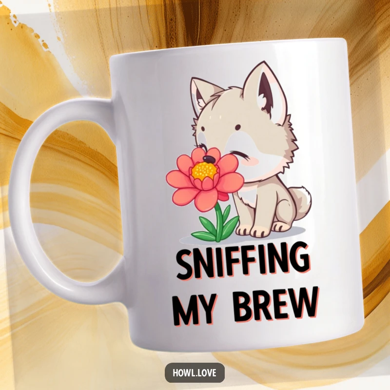 Funny Mug showing a curious wolf cub sniffing a bright, colorful flower with evident delight, capturing nature's charm.