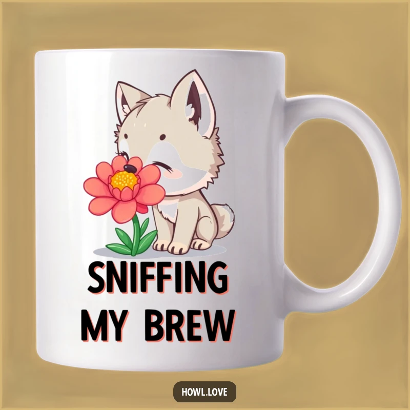 Funny Wolf Cub Flower Mug: Curious Sniffing Gift for Nature Lovers Who Love Humor