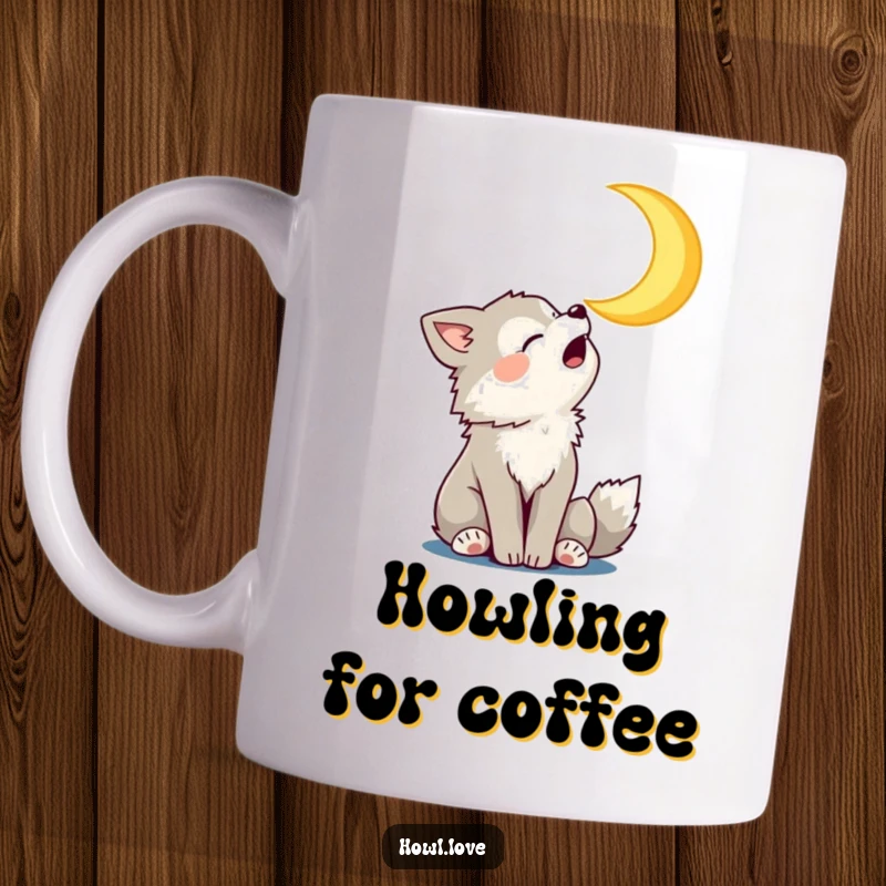 Funny Mug featuring a playful wolf cub joyfully howling at a smiling crescent moon, a whimsical night scene.