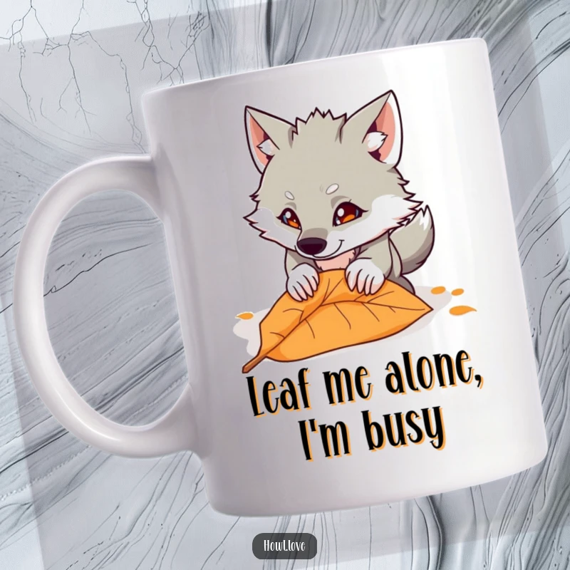 Funny wolf mug depicting a mischievous gray wolf playfully pouncing on a single red fallen leaf, capturing a moment of wild joy.