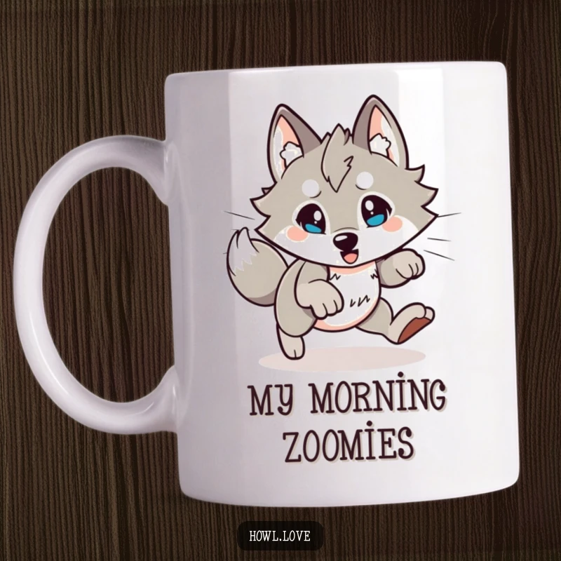 Funny Wolf Mug: Energetic character mid-playful pounce with dynamic lines showing excitement and joy.