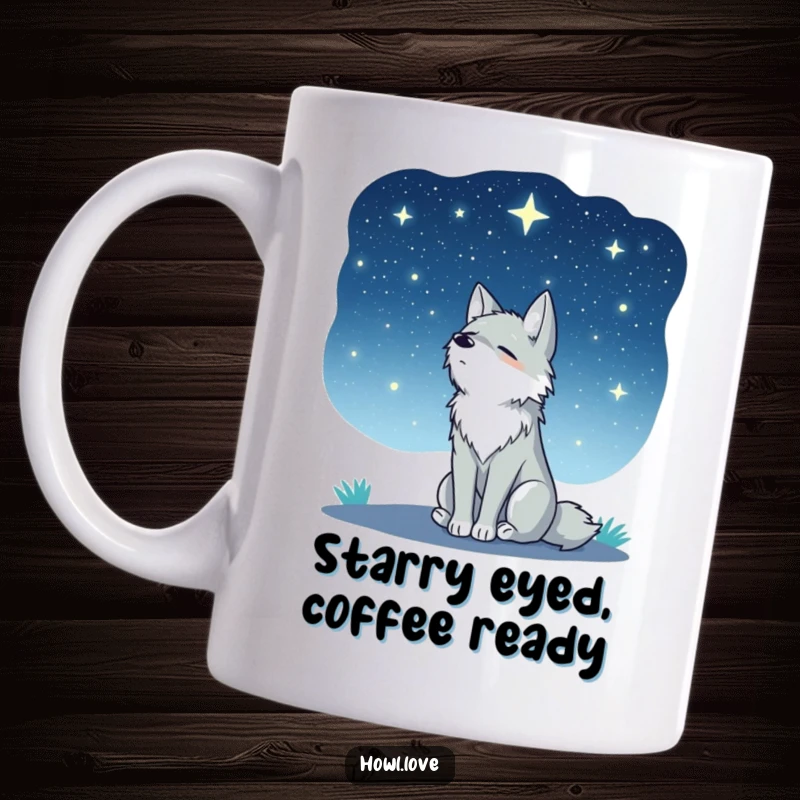 Funny wolf mug showing a lone wolf sitting peacefully, looking up with wonder at a vast, starry night sky.