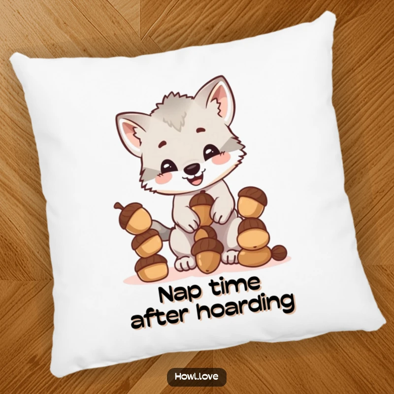 Funny pillow with a cute wolf cub cub trying to balance a precarious stack of acorns, depicting a humorous and endearing scene.