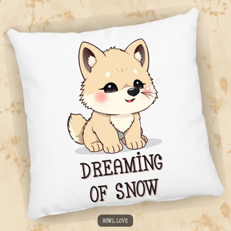 Funny pillow featuring a cute wolf cub with snowflakes on its nose, looking delighted. Soft and charming winter decor.
