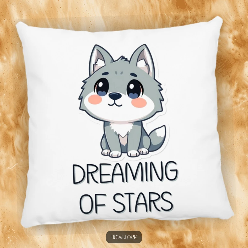 Funny pillow with a stylized wolf character and large, curious dot eyes looking upwards, offering humorous comfort and decorative charm.