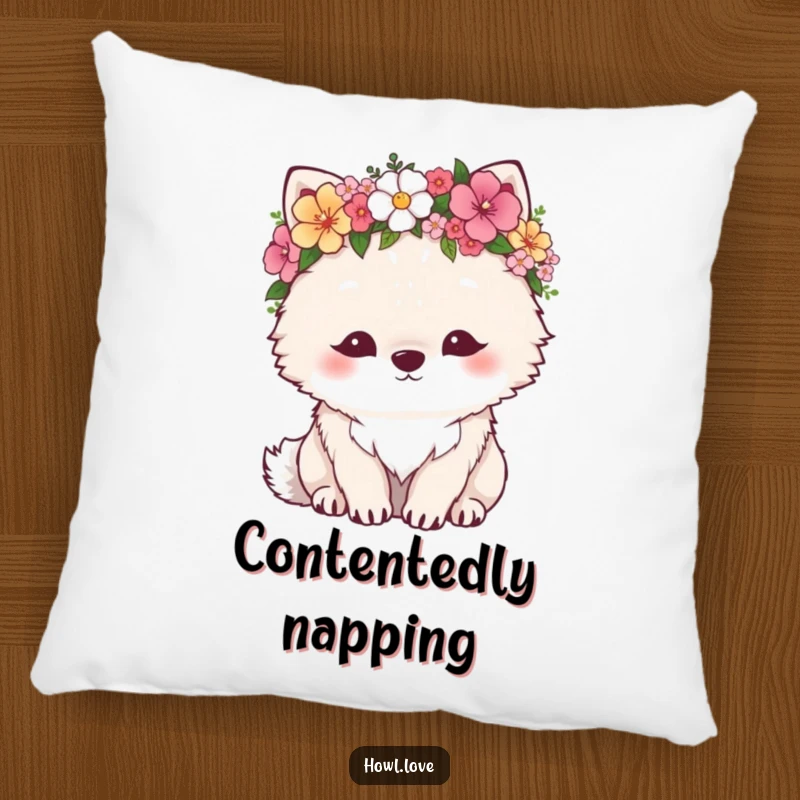 Funny pillow featuring a fluffy wolf wearing a flower crown, looking extremely content and relaxed. Soft and charming decor.
