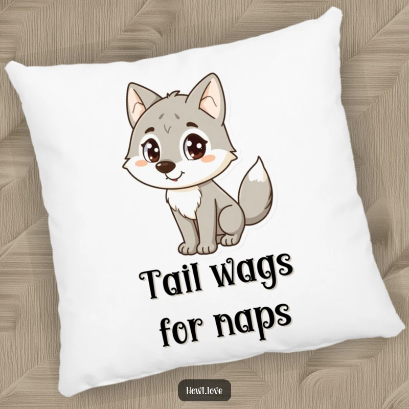 Funny Wolf Pillow: A soft pillow featuring a happy wolf with big dot eyes and a wagging tail, radiating comfort.