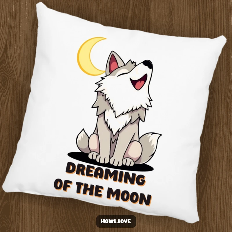 Funny pillow with a joyful wolf character and a wide smile, howling at a crescent moon, offering humorous comfort and decorative charm.