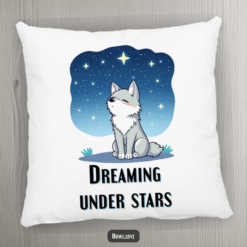 Funny pillow featuring a peaceful wolf looking up at a starry night sky. Soft, comfortable, and serene home decor.