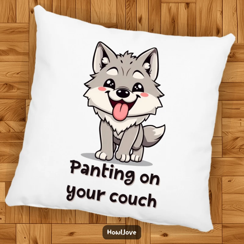 Funny pillow featuring a content wolf with its tongue hanging out, panting happily after a satisfying run. Soft and humorous.