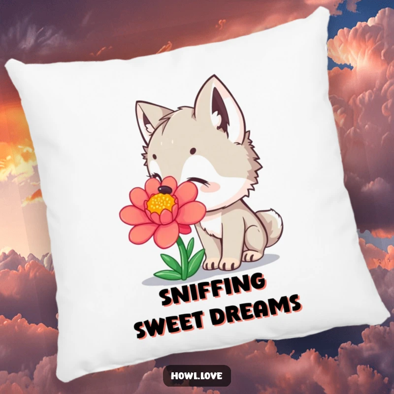 Funny Pillow with a curious wolf cub sniffing a colorful flower, providing comfort and hilarious nature charm.