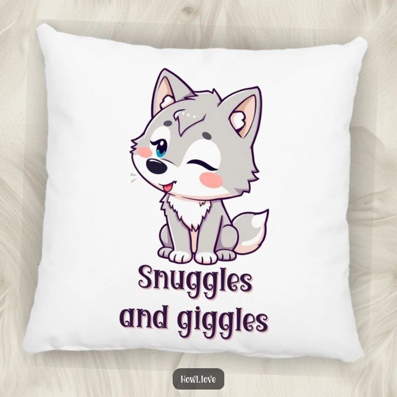 Funny pillow with a wolf character and playful curves, tilting its head in amusement, offering humorous comfort and decorative charm.