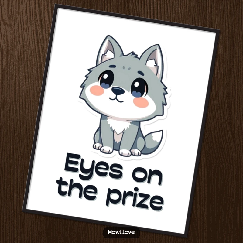 Funny digital art print of a stylized wolf with curious dot eyes looking upwards, perfect for adding humorous and charming decor.