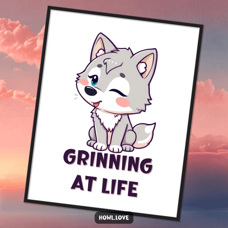 Funny digital art print of a wolf character with playful curves, tilting its head in amusement, perfect for adding humorous decor.