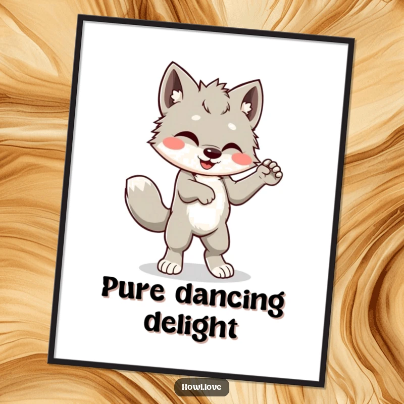 Funny digital art print of a happy wolf cub cub doing a silly dance with its tail wagging furiously, full of energy and humor.